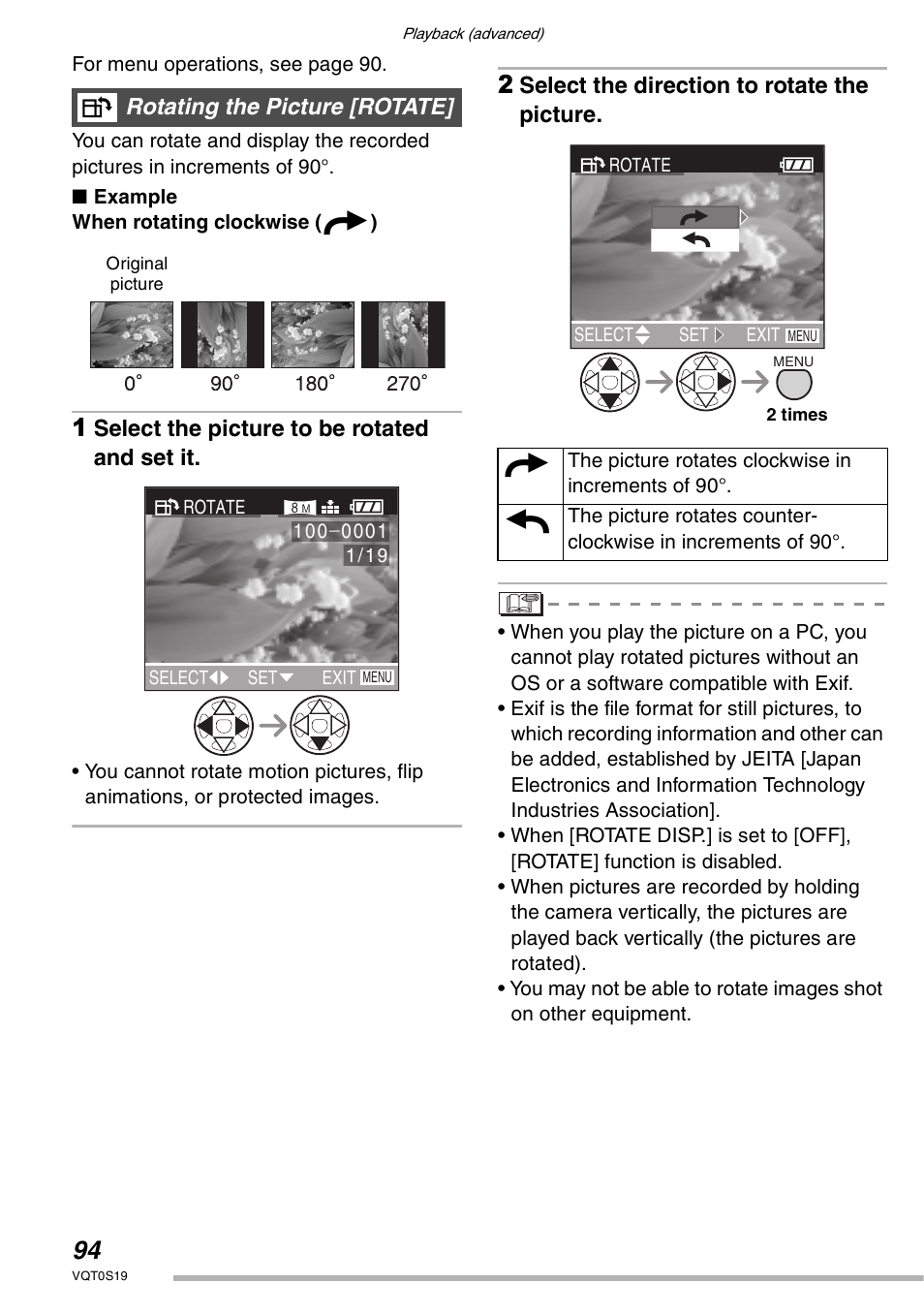 Select the picture to be rotated and set it, Select the direction to rotate the picture, Rotating the picture [rotate | Panasonic DMC-LX1PP User Manual | Page 94 / 136