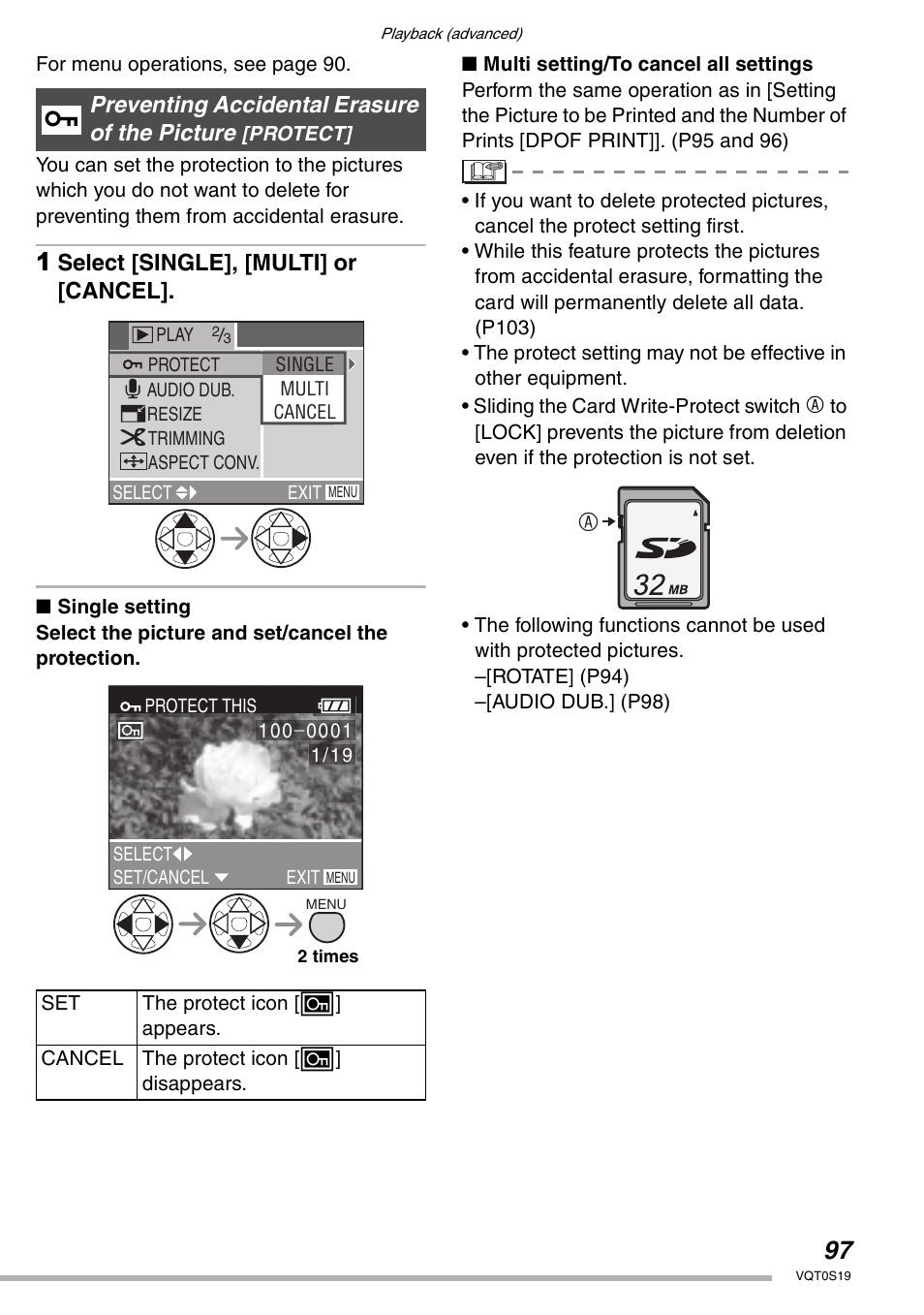 Select [single], [multi] or [cancel, Preventing accidental erasure of the picture | Panasonic DMC-LX1PP User Manual | Page 97 / 136