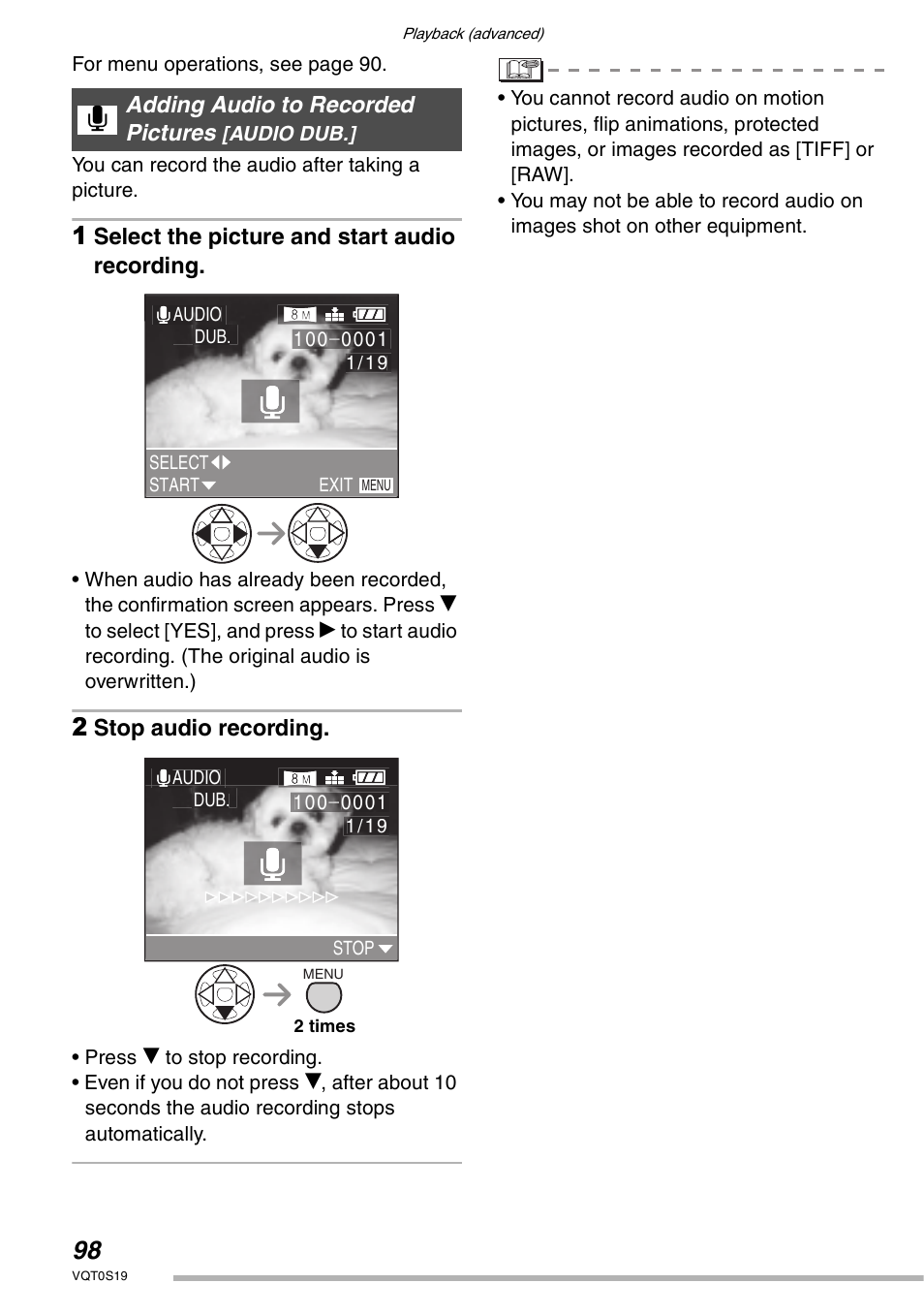 Select the picture and start audio recording, Stop audio recording, Adding audio to recorded pictures | Panasonic DMC-LX1PP User Manual | Page 98 / 136