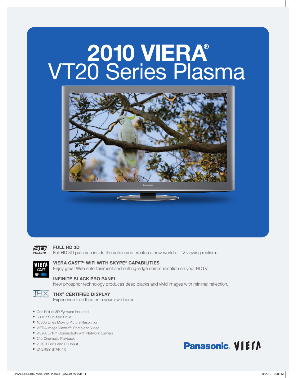 Panasonic Viera VT20 User Manual | 2 pages