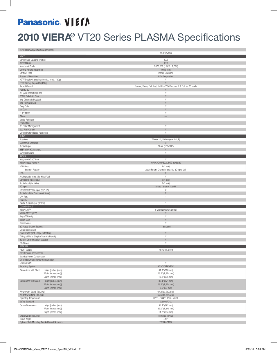 2010 viera, Vt20 series plasma specifications | Panasonic Viera VT20 User Manual | Page 2 / 2