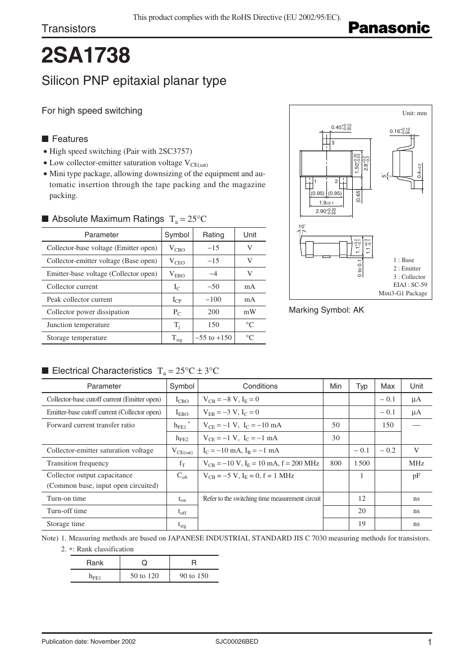 Panasonic 2SA1738 User Manual | 3 pages