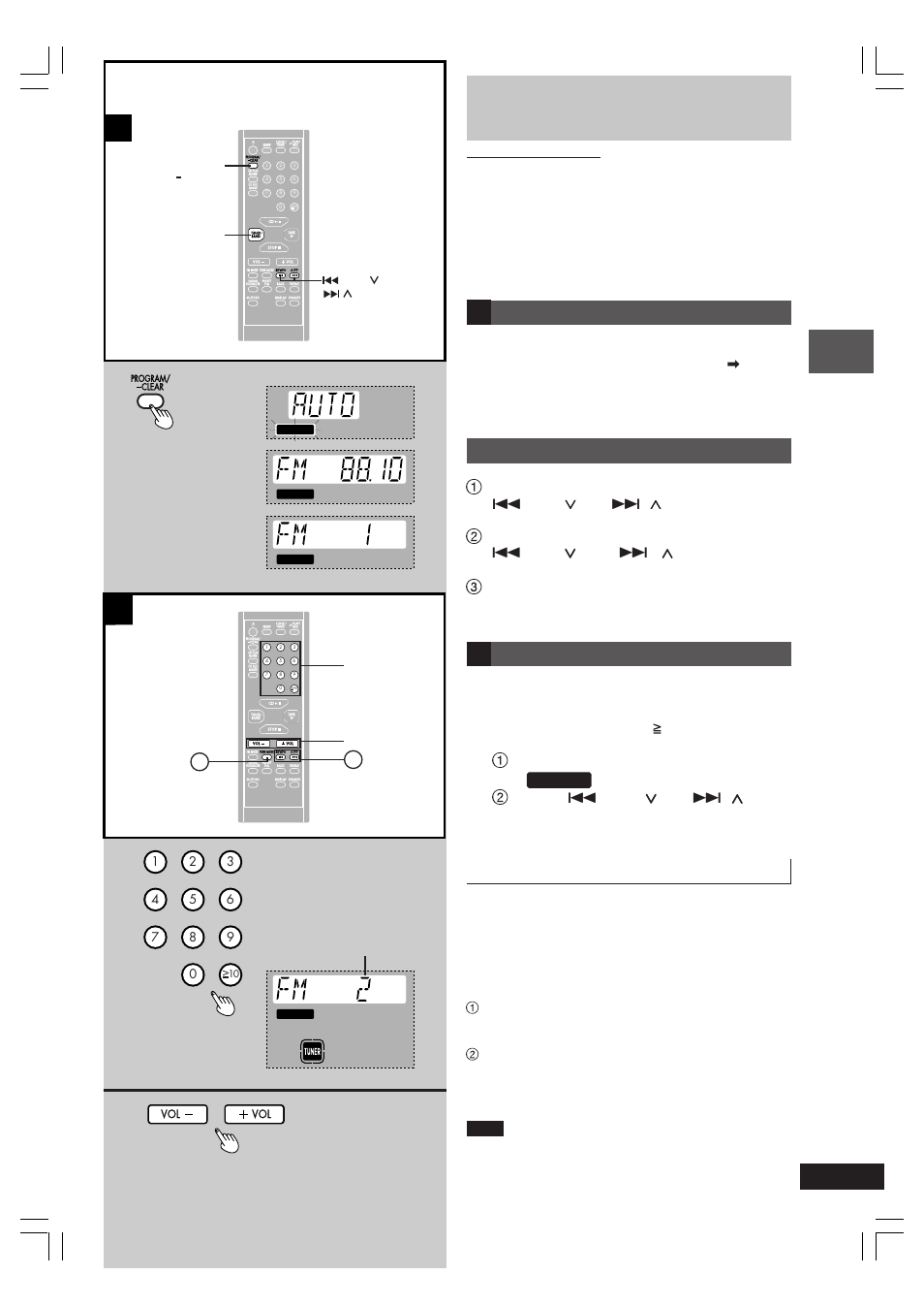 The radio: preset tuning, Listening operations, Automatic presetting | Manual presetting, Selecting channels, Press and hold [program/–clear, Press [program/–clear, Press the numbered buttons to select the channel, Press [tune mode] to select “ program, Adjust the volume. allocation setting | Panasonic SC-PM10 User Manual | Page 11 / 24