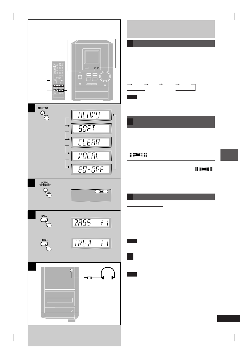 Bd a c, Sound quality, Listening operations | Using the built-in sound quality settings, Using the “live” effect (sound virtualizer), Timers and others, Press [preset eq] to select a setting, Press [sound virtualizer] to display, Press [vol –] or [+ vol] to adjust the level, Listening with headphones | Panasonic SC-PM10 User Manual | Page 19 / 24