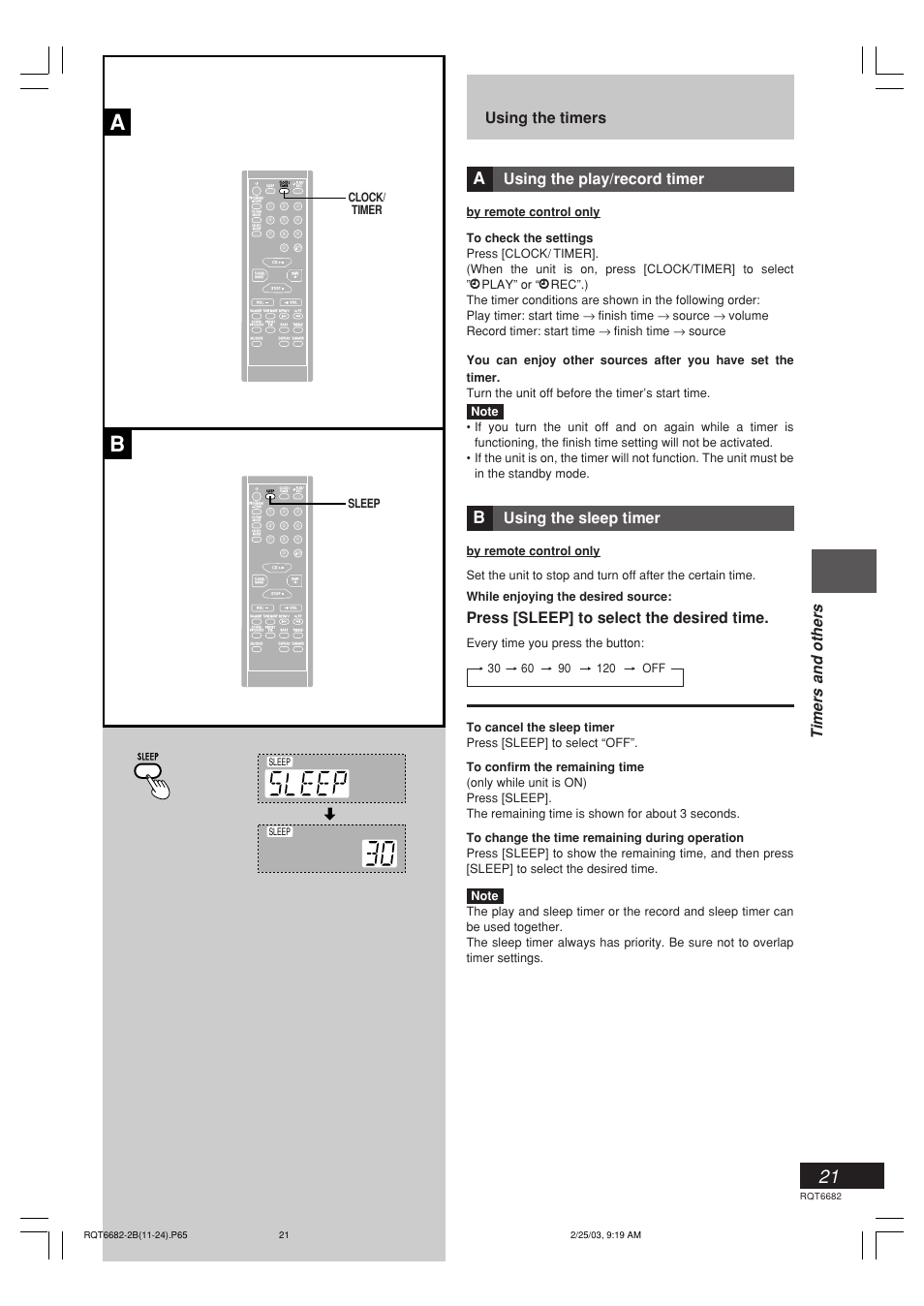 Listening operations using the timers, Using the play/record timer, Using the sleep timer | Press [sleep] to select the desired time, Timers and others, Clock/ timer, Sleep | Panasonic SC-PM10 User Manual | Page 21 / 24
