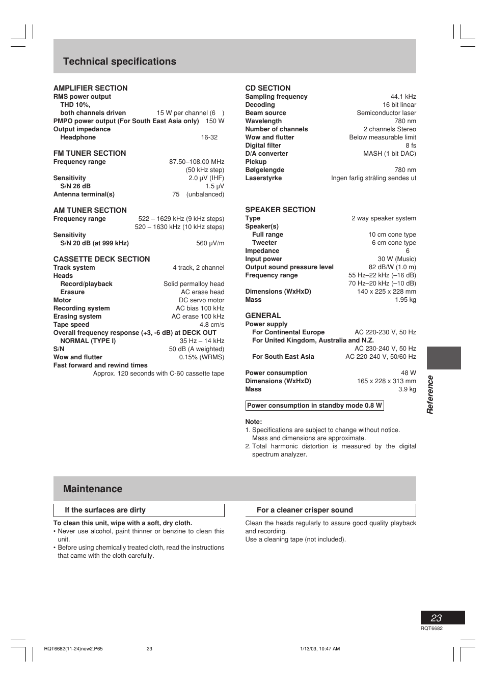 Technical specifications maintenance, Listening operations, Reference | Panasonic SC-PM10 User Manual | Page 23 / 24
