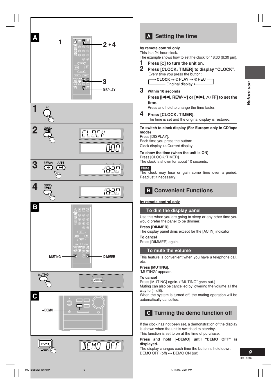 Setting the time, Convenient functions, Turning the demo function off | Panasonic SC-PM10 User Manual | Page 9 / 24