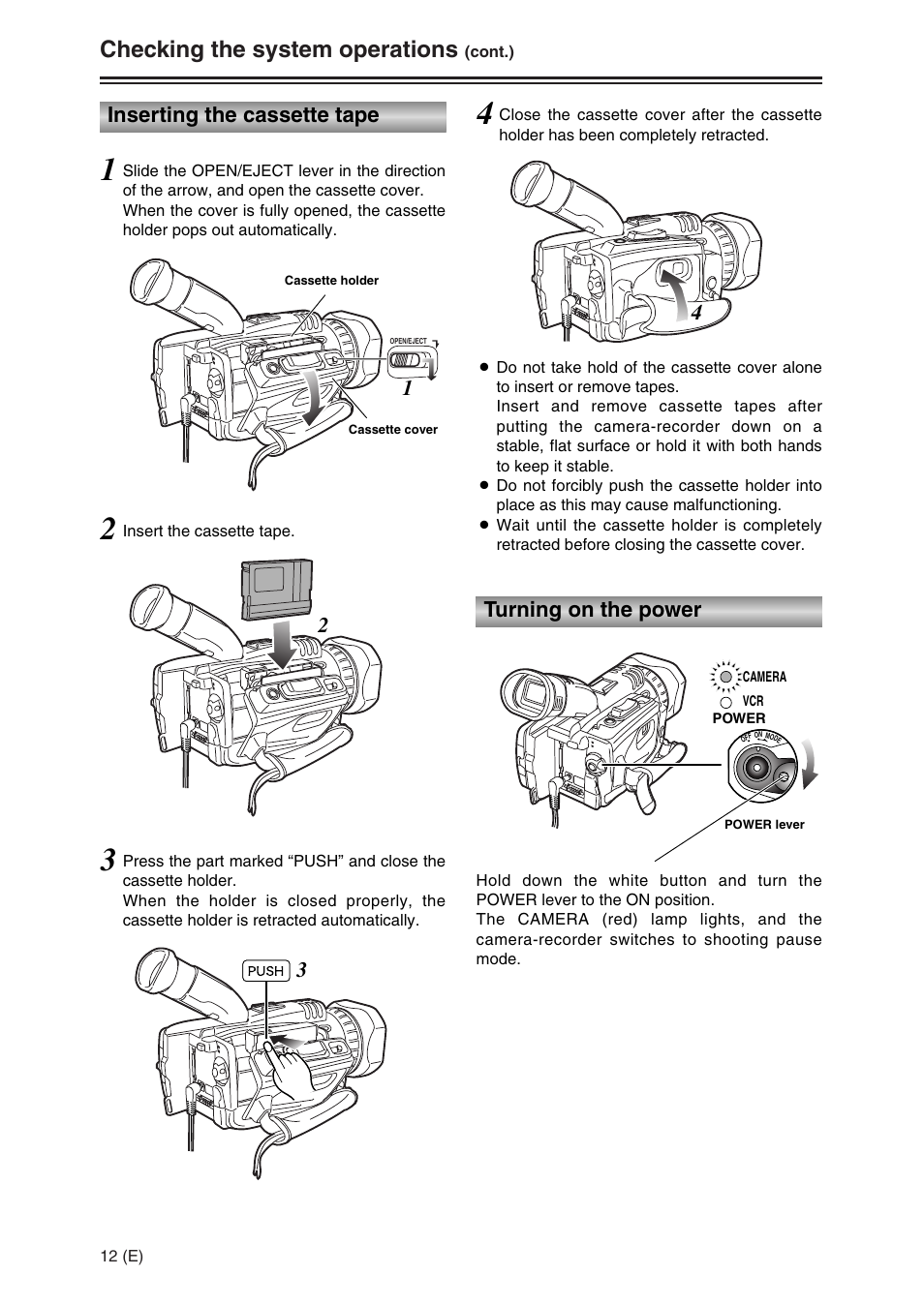Checking the system operations, Turning on the power, Inserting the cassette tape | Panasonic AG-DVC30 User Manual | Page 12 / 88