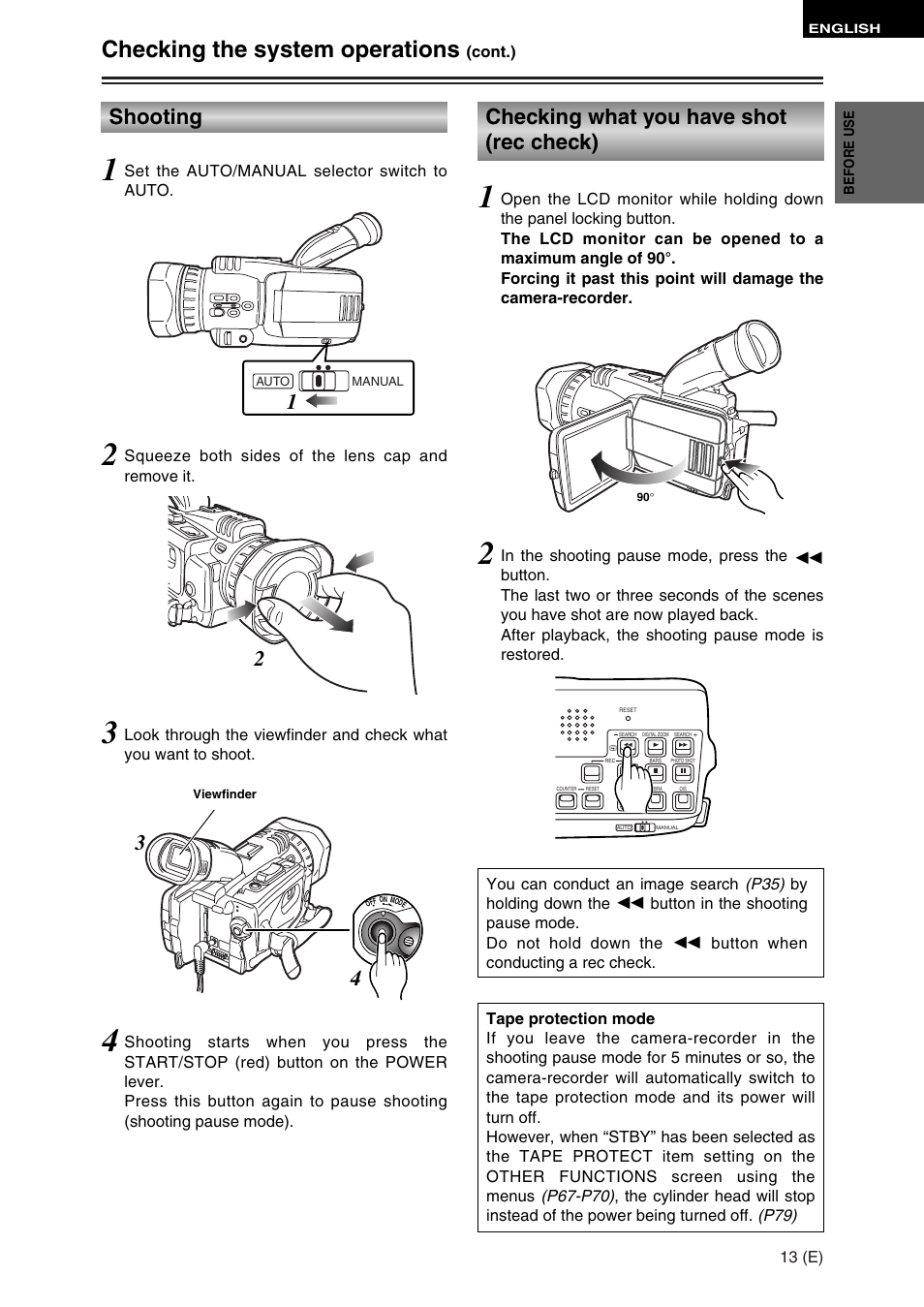 Checking the system operations, Shooting, Checking what you have shot (rec check) | Panasonic AG-DVC30 User Manual | Page 13 / 88