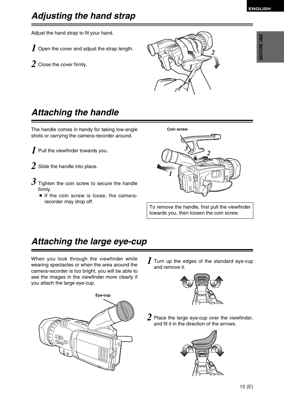 Adjusting the hand strap, Attaching the handle, Attaching the large eye-cup | Panasonic AG-DVC30 User Manual | Page 15 / 88