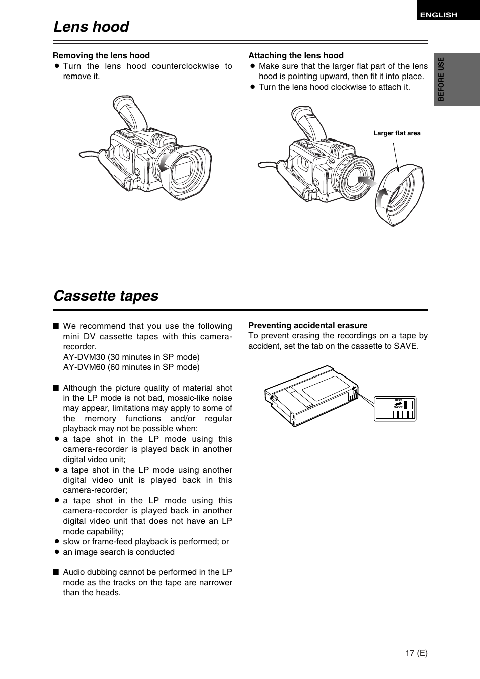 Cassette tapes, Lens hood | Panasonic AG-DVC30 User Manual | Page 17 / 88