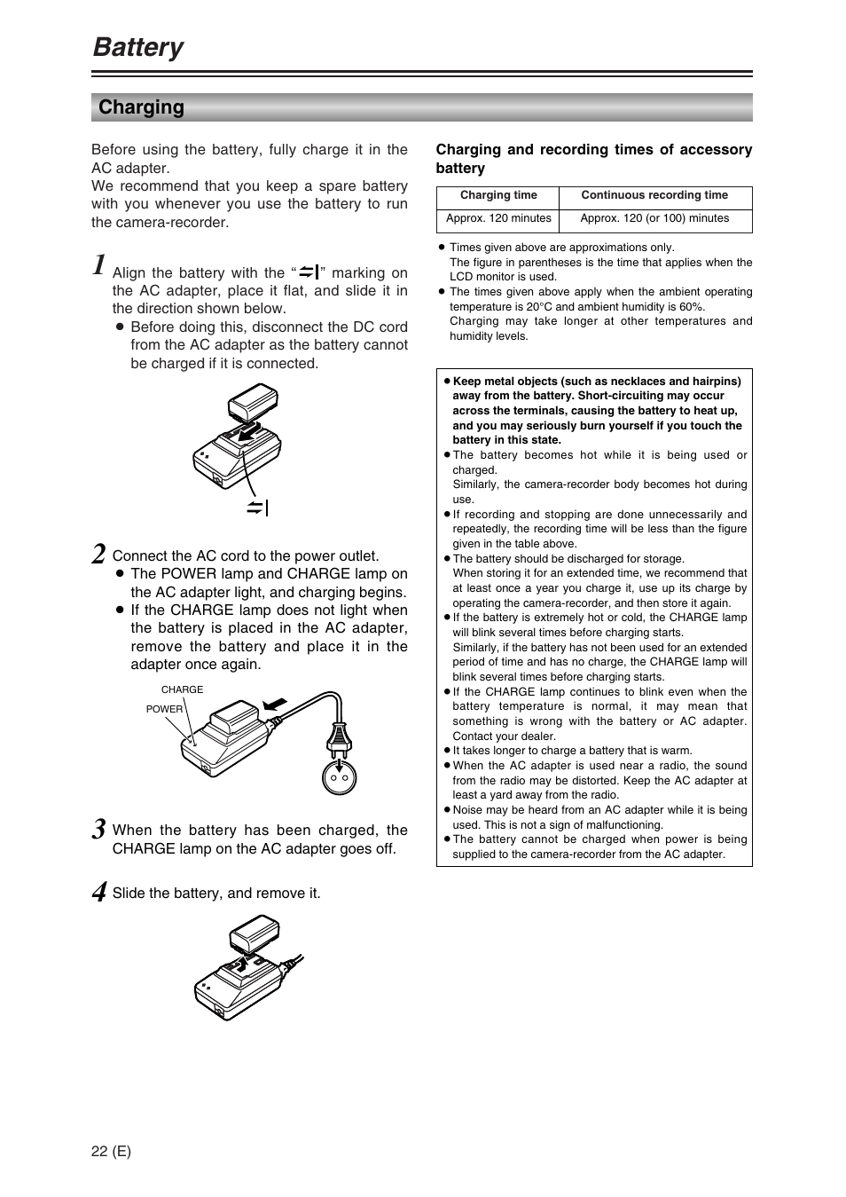 Battery, Charging | Panasonic AG-DVC30 User Manual | Page 22 / 88