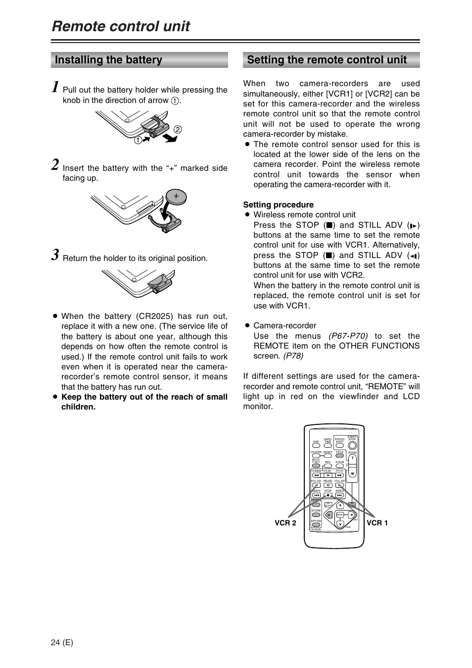Remote control unit, 24 (e), Vcr 2 vcr 1 | Panasonic AG-DVC30 User Manual | Page 24 / 88