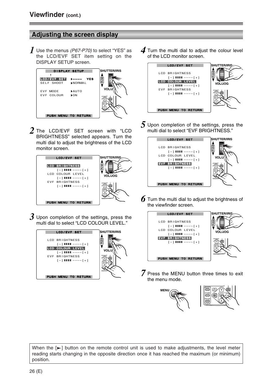Viewfinder, Adjusting the screen display, Cont.) | Panasonic AG-DVC30 User Manual | Page 26 / 88