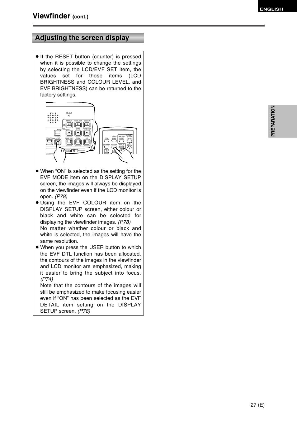 Viewfinder, Adjusting the screen display, 27 (e) | Cont.), Prep ara tion | Panasonic AG-DVC30 User Manual | Page 27 / 88