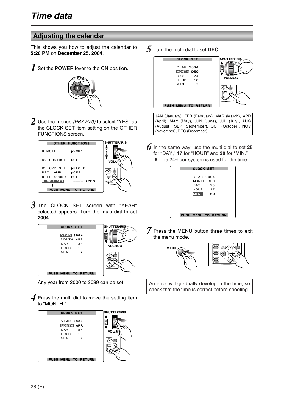 Time data, Adjusting the calendar, 28 (e) | Turn the multi dial to set dec, Set the power lever to the on position | Panasonic AG-DVC30 User Manual | Page 28 / 88