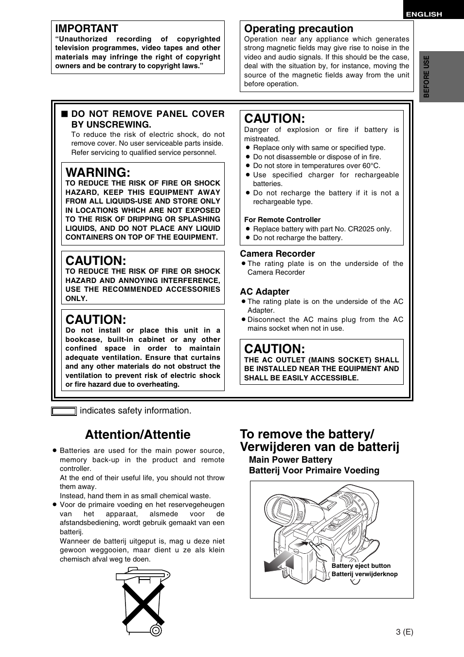 Caution, Warning, Important | Operating precaution | Panasonic AG-DVC30 User Manual | Page 3 / 88
