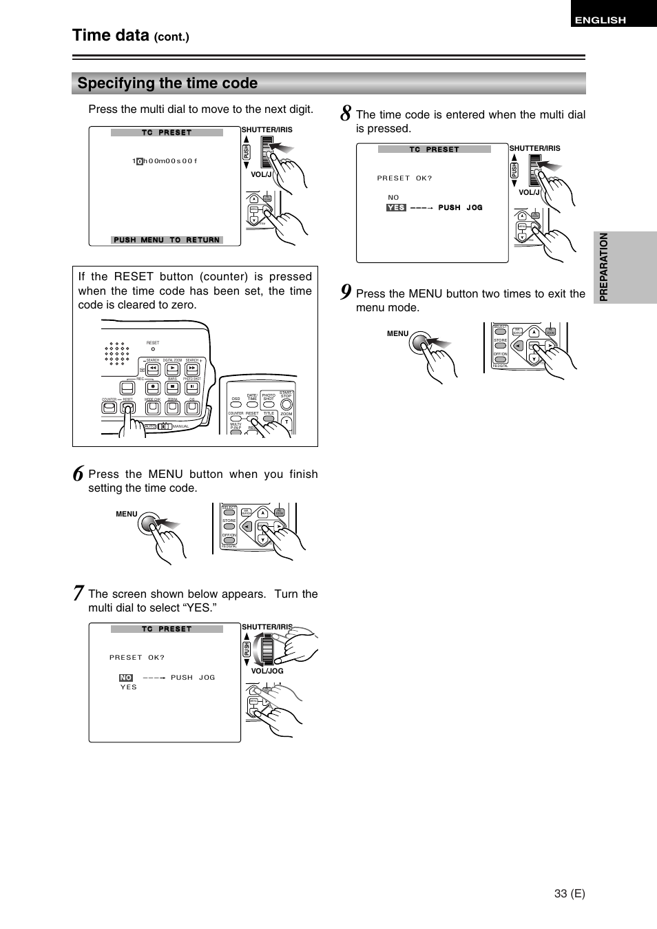 Time data, Specifying the time code, 33 (e) | Cont.), Press the multi dial to move to the next digit, Prep ara tion, English | Panasonic AG-DVC30 User Manual | Page 33 / 88
