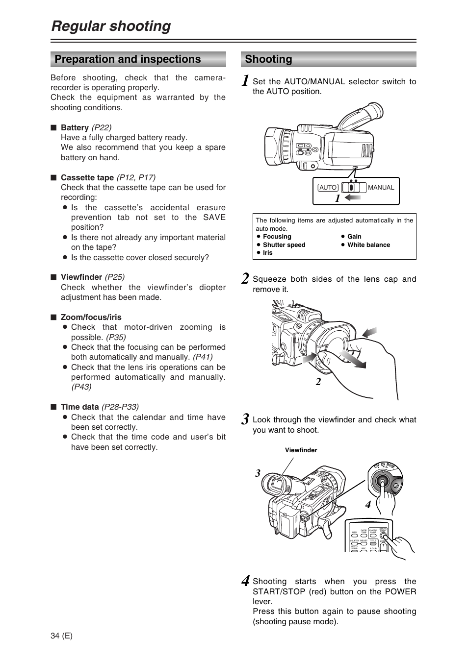 Regular shooting, Preparation and inspections, Shooting 3 4 | Panasonic AG-DVC30 User Manual | Page 34 / 88