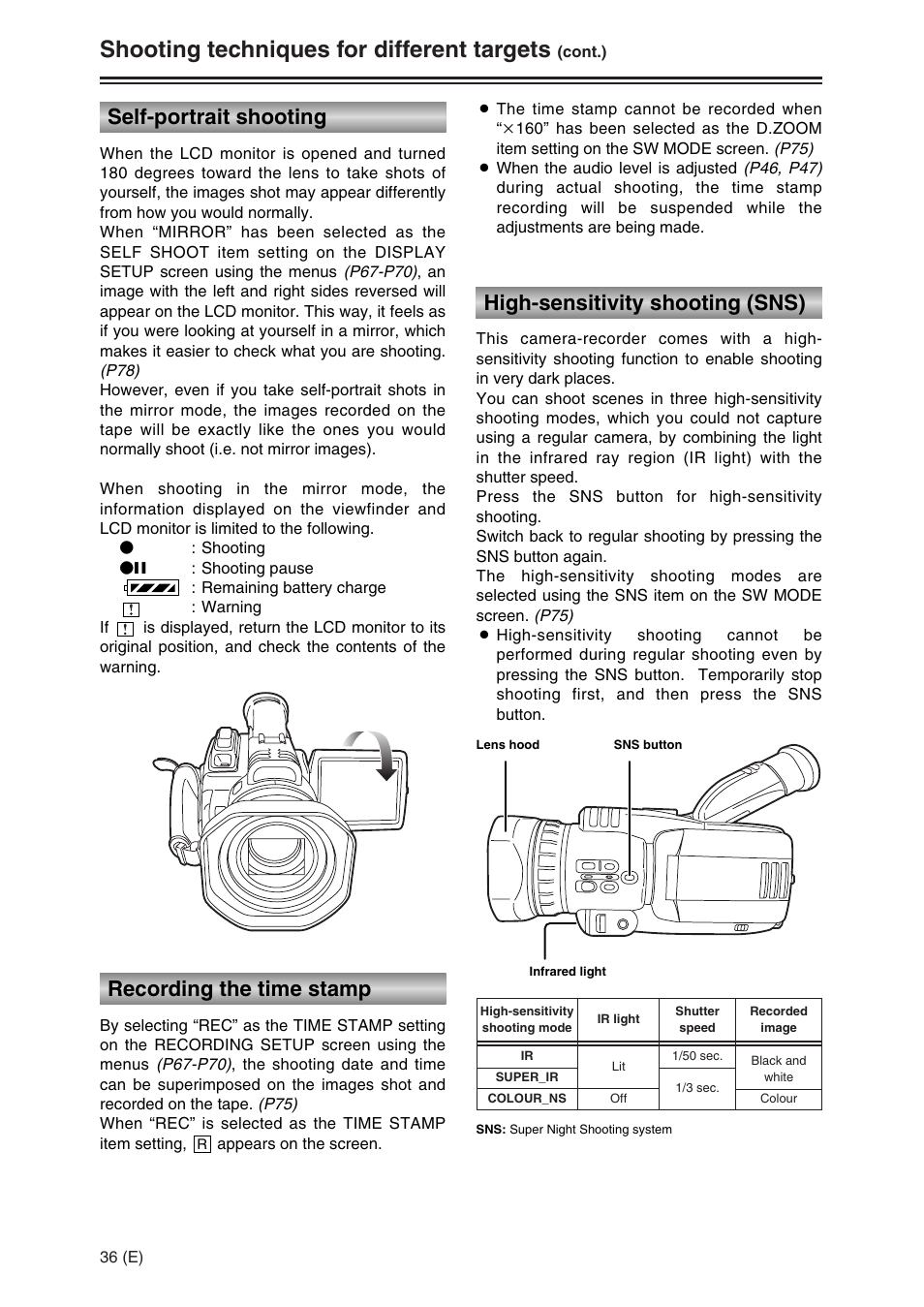 Shooting techniques for different targets, Self-portrait shooting, Recording the time stamp | High-sensitivity shooting (sns) | Panasonic AG-DVC30 User Manual | Page 36 / 88