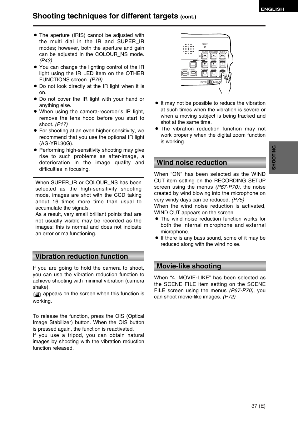Shooting techniques for different targets, Vibration reduction function, Wind noise reduction | Movie-like shooting | Panasonic AG-DVC30 User Manual | Page 37 / 88