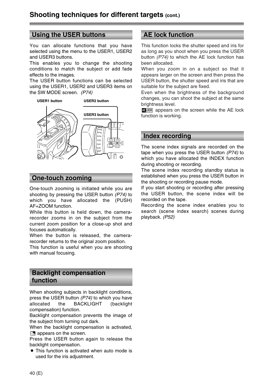 Shooting techniques for different targets, Ae lock function, Using the user buttons | One-touch zooming index recording, Backlight compensation function | Panasonic AG-DVC30 User Manual | Page 40 / 88