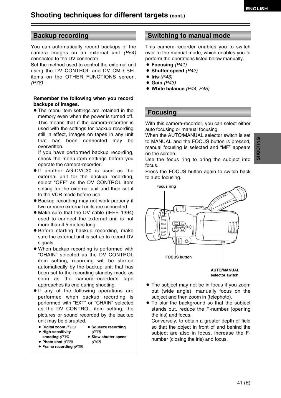 Shooting techniques for different targets, Switching to manual mode, Focusing | Backup recording | Panasonic AG-DVC30 User Manual | Page 41 / 88