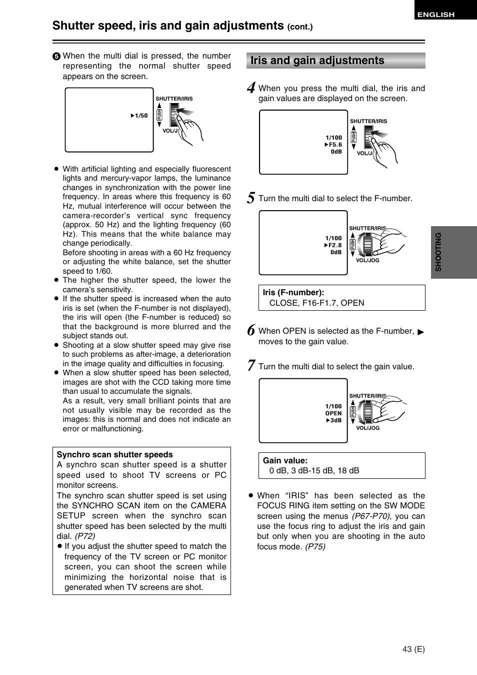 Shutter speed, iris and gain adjustments, Iris and gain adjustments | Panasonic AG-DVC30 User Manual | Page 43 / 88