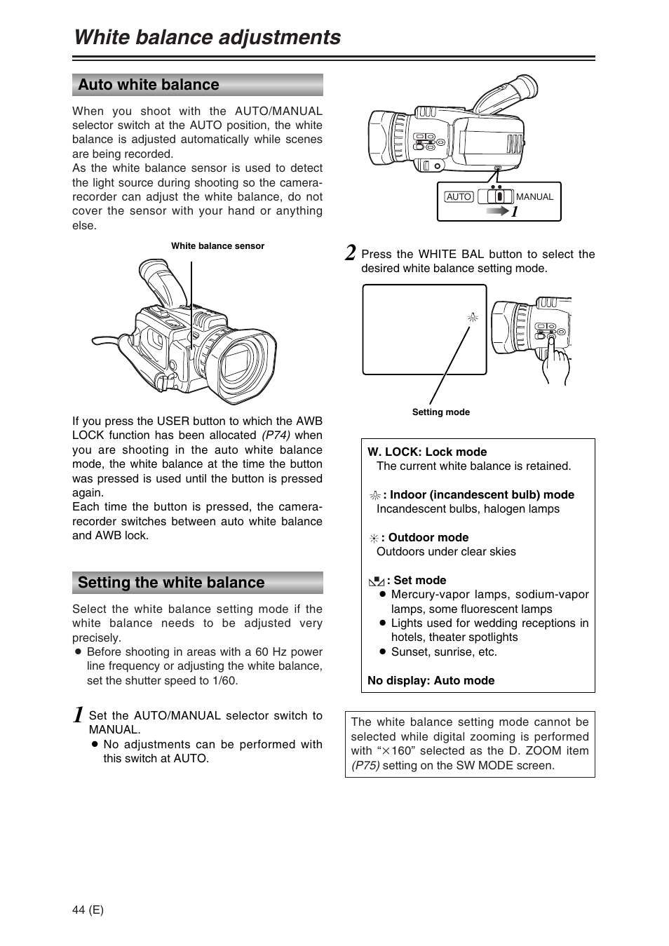 White balance adjustments, Setting the white balance auto white balance | Panasonic AG-DVC30 User Manual | Page 44 / 88