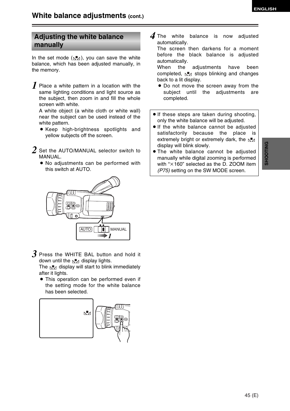 White balance adjustments, Adjusting the white balance manually | Panasonic AG-DVC30 User Manual | Page 45 / 88