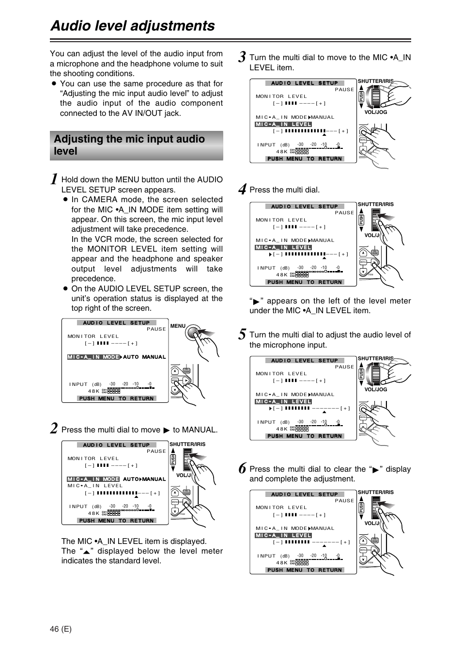 Audio level adjustments, Adjusting the mic input audio level, 46 (e) | Panasonic AG-DVC30 User Manual | Page 46 / 88