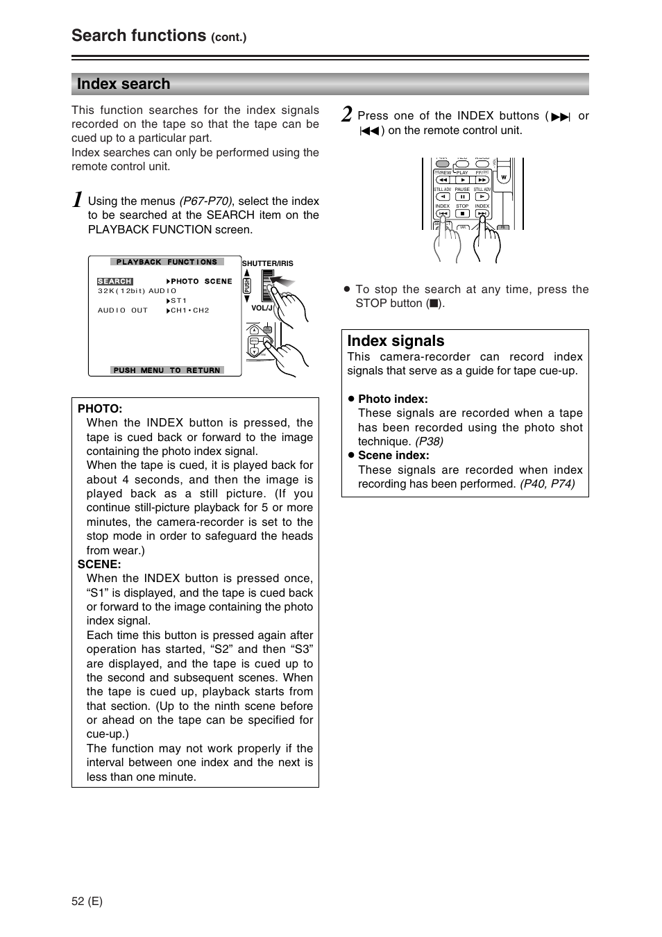 Search functions, Index search index signals, 52 (e) | Panasonic AG-DVC30 User Manual | Page 52 / 88