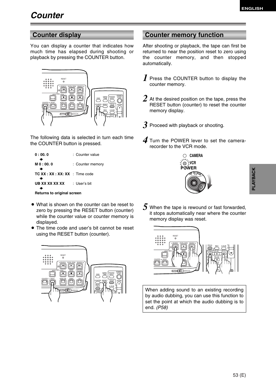 Counter, Counter display, 53 (e) | Proceed with playback or shooting, Pla yb a c k, Power camera vcr, English | Panasonic AG-DVC30 User Manual | Page 53 / 88
