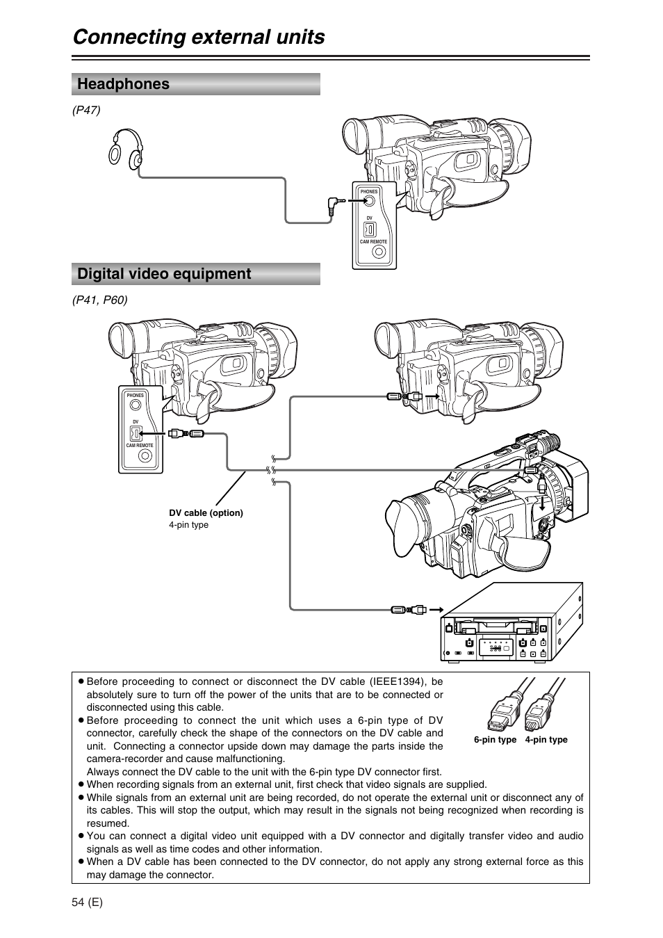 Connecting external units, Headphones, Digital video equipment | Panasonic AG-DVC30 User Manual | Page 54 / 88