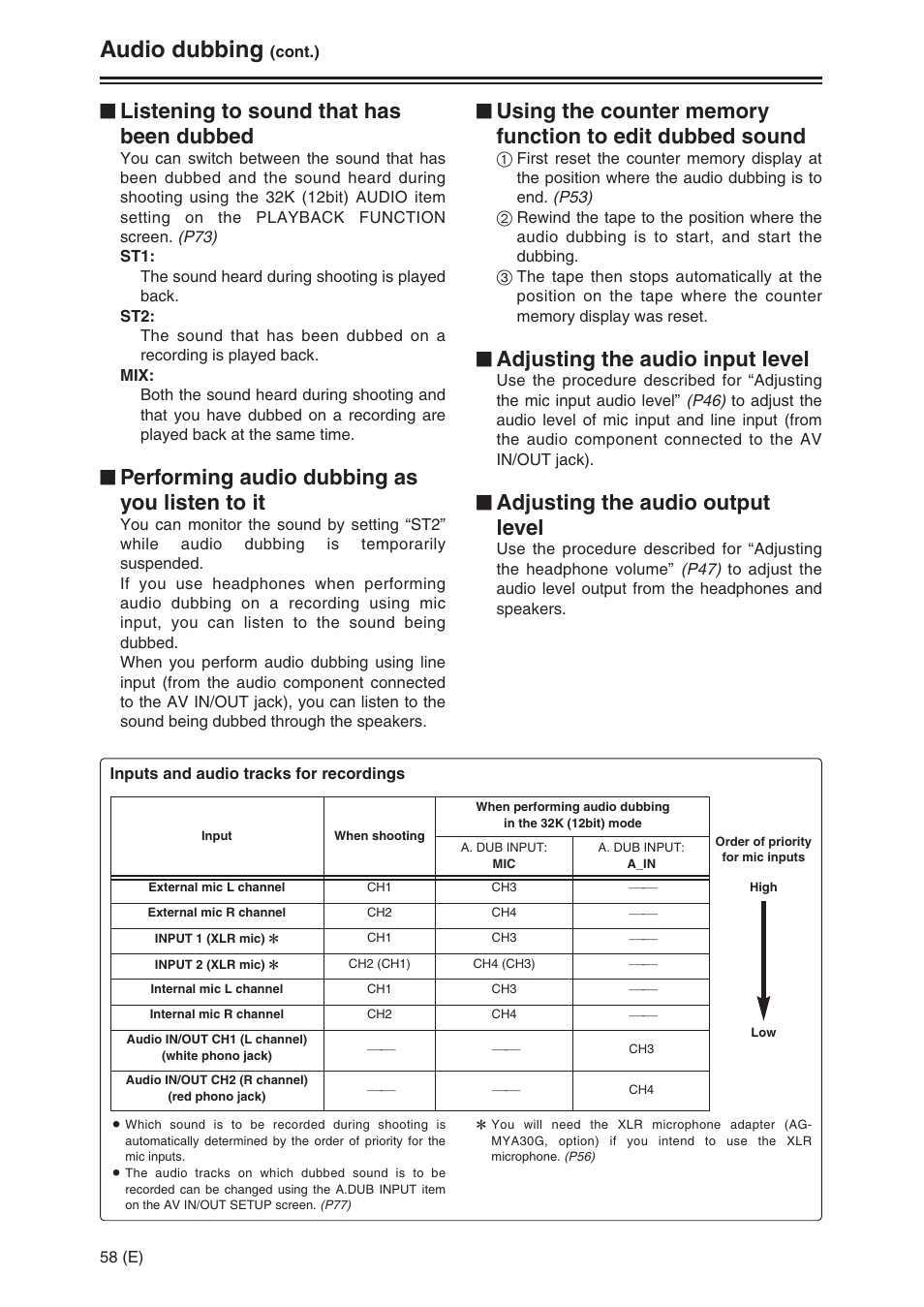 Audio dubbing, Listening to sound that has been dubbed, Performing audio dubbing as you listen to it | Adjusting the audio input level, Adjusting the audio output level | Panasonic AG-DVC30 User Manual | Page 58 / 88