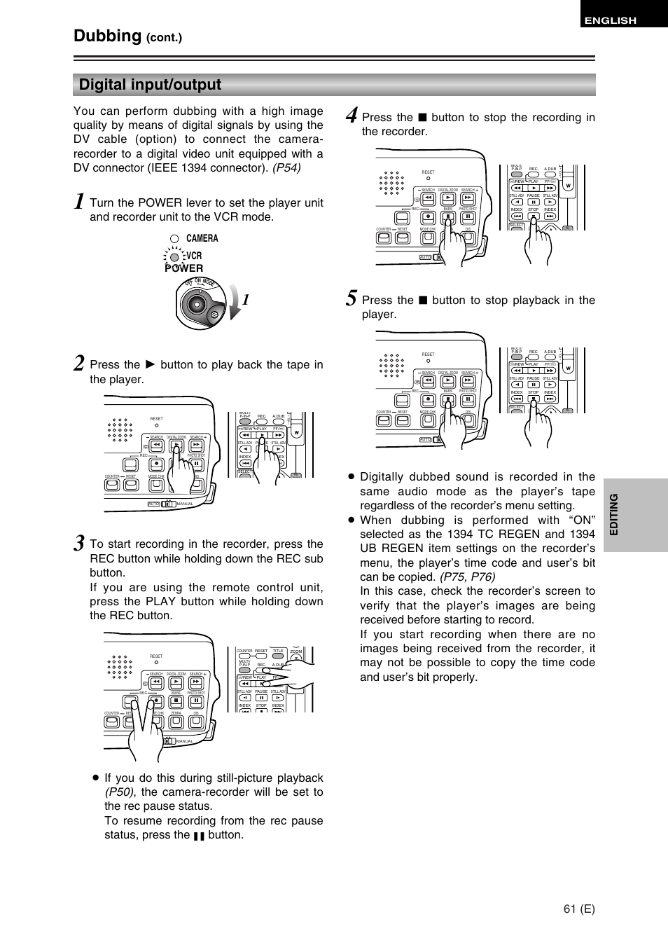 Dubbing, Digital input/output, 61 (e) | Cont.), Press the $ button to stop playback in the player, Editing, Power camera vcr, English | Panasonic AG-DVC30 User Manual | Page 61 / 88