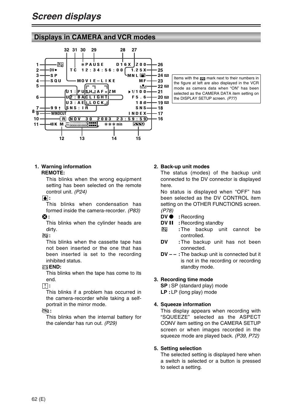 Screen displays, Displays in camera and vcr modes | Panasonic AG-DVC30 User Manual | Page 62 / 88