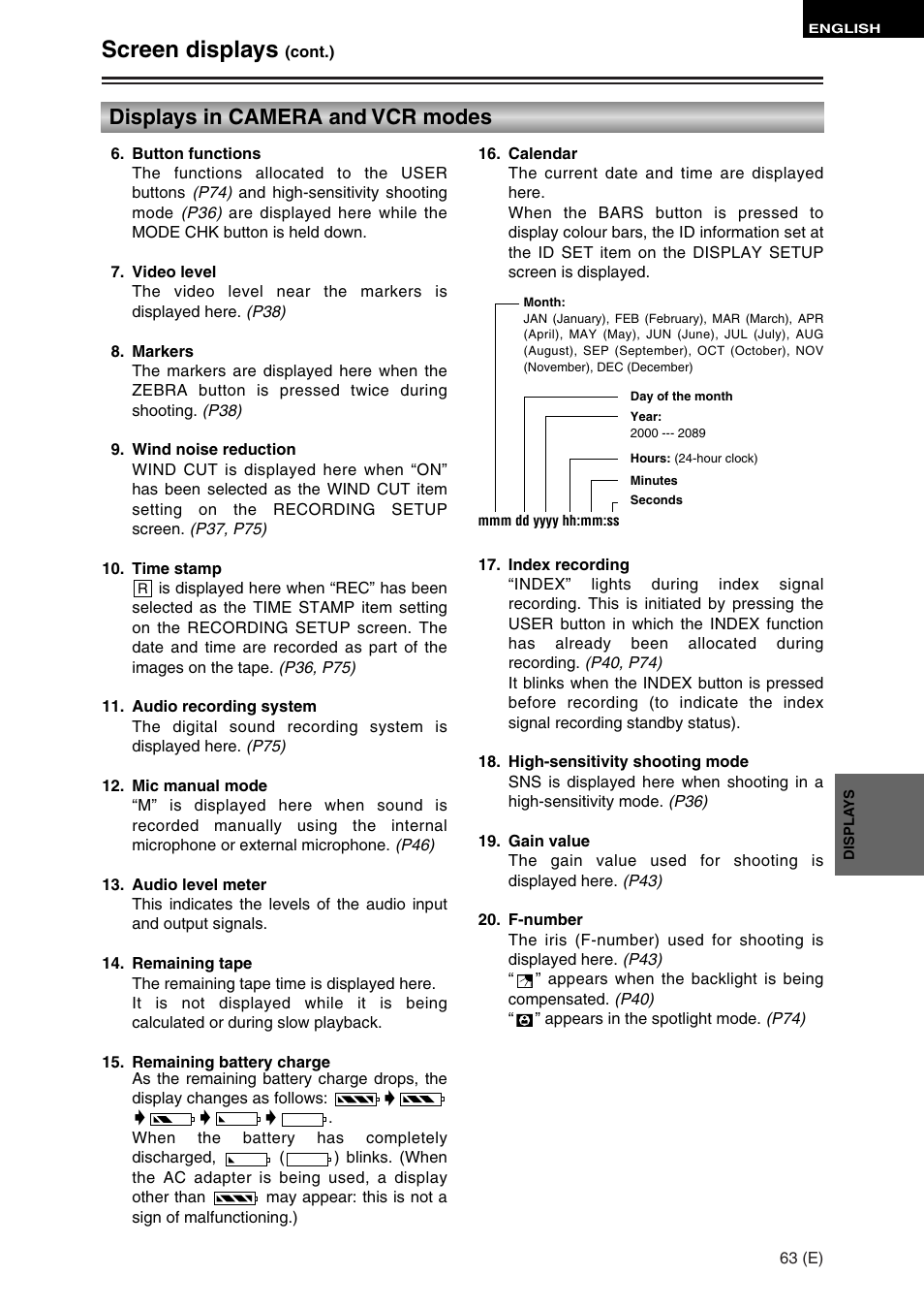 Screen displays, Displays in camera and vcr modes | Panasonic AG-DVC30 User Manual | Page 63 / 88