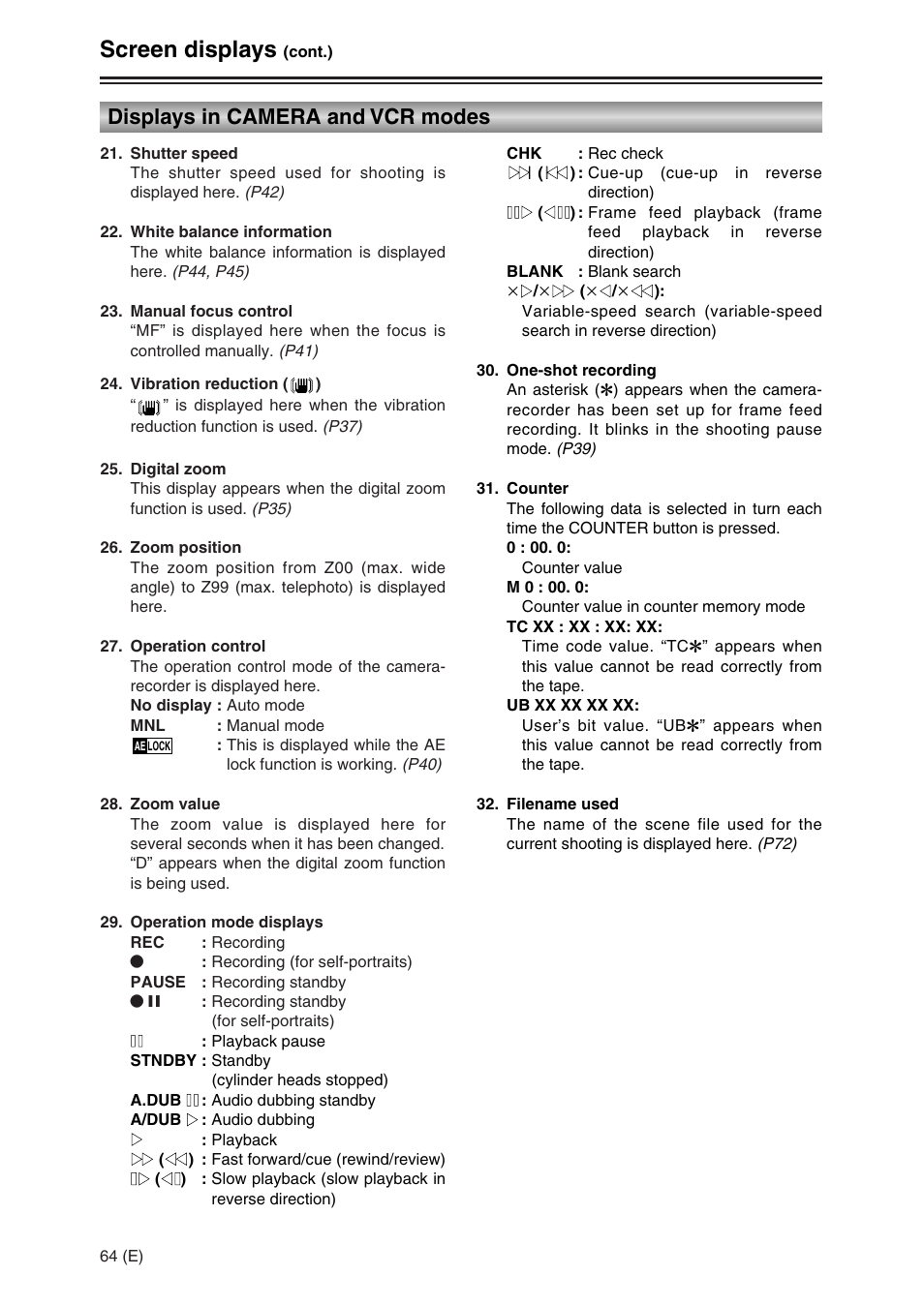 Screen displays, Displays in camera and vcr modes | Panasonic AG-DVC30 User Manual | Page 64 / 88