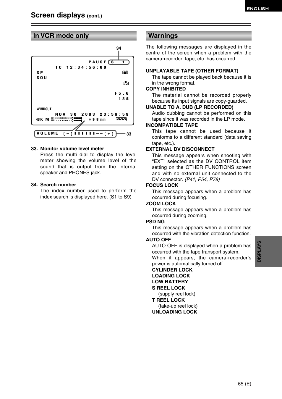 Screen displays, Warnings | Panasonic AG-DVC30 User Manual | Page 65 / 88