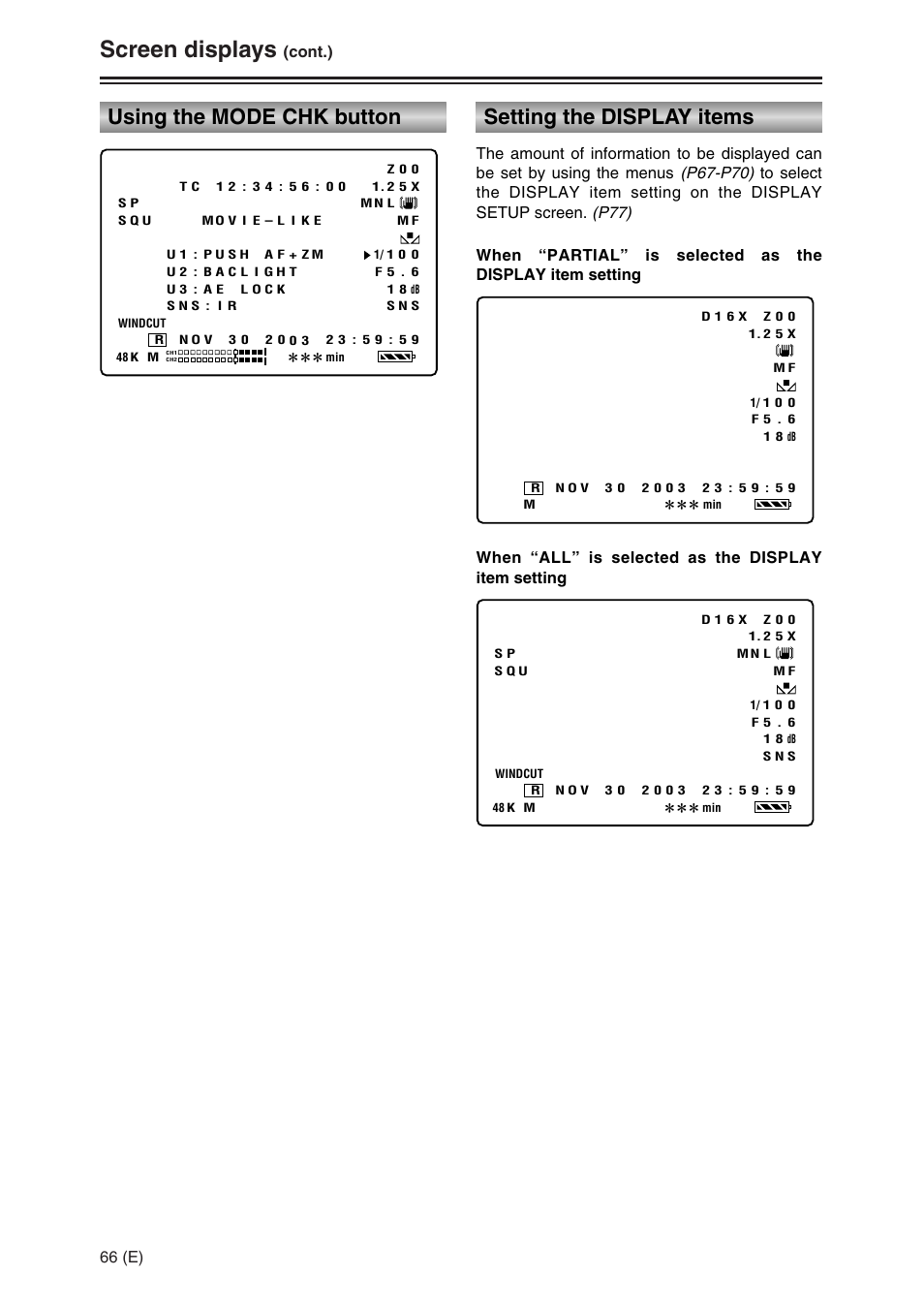 Screen displays, Using the mode chk button, Setting the display items | Panasonic AG-DVC30 User Manual | Page 66 / 88