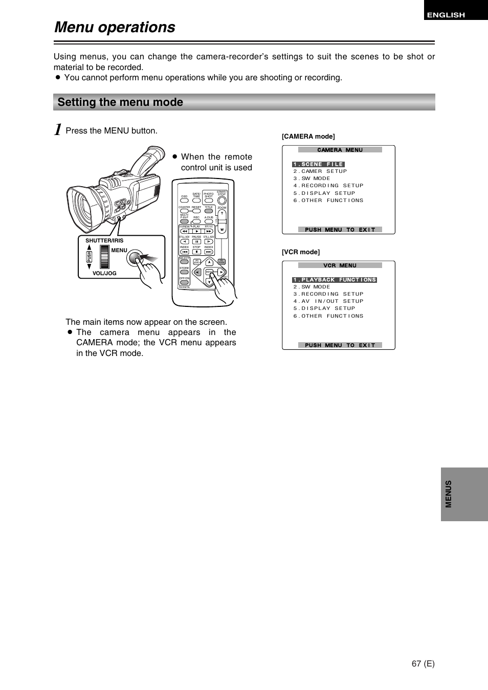 Menu operations, Setting the menu mode, 67 (e) | Owhen the remote control unit is used, Menus, English, Camera mode] [vcr mode | Panasonic AG-DVC30 User Manual | Page 67 / 88