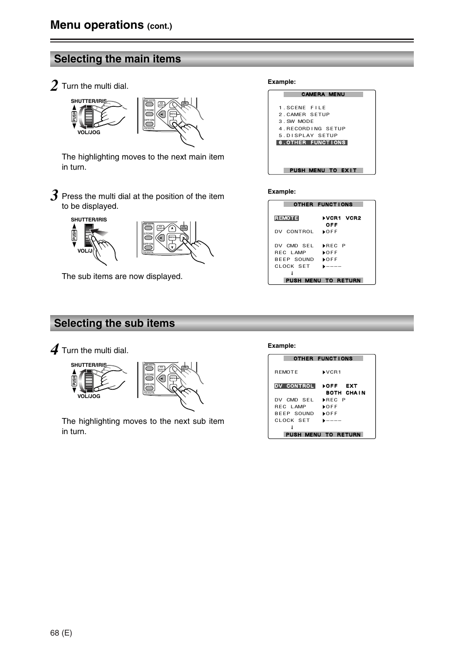 Menu operations, Selecting the sub items, Selecting the main items | 68 (e), Cont.), Example | Panasonic AG-DVC30 User Manual | Page 68 / 88