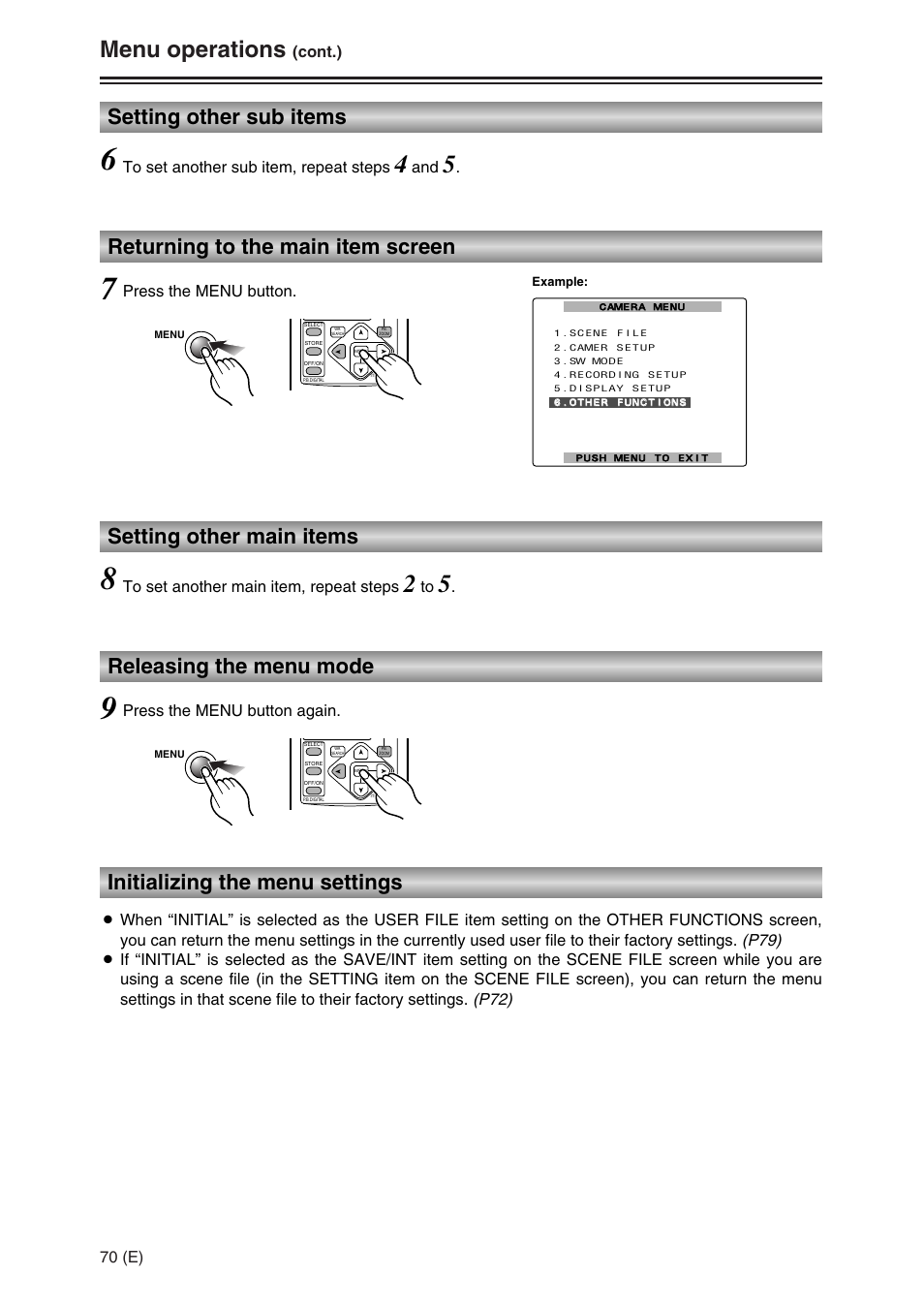 Menu operations, Setting other sub items, Setting other main items | Returning to the main item screen, Releasing the menu mode, Initializing the menu settings, 70 (e), Cont.), Press the menu button, Press the menu button again | Panasonic AG-DVC30 User Manual | Page 70 / 88