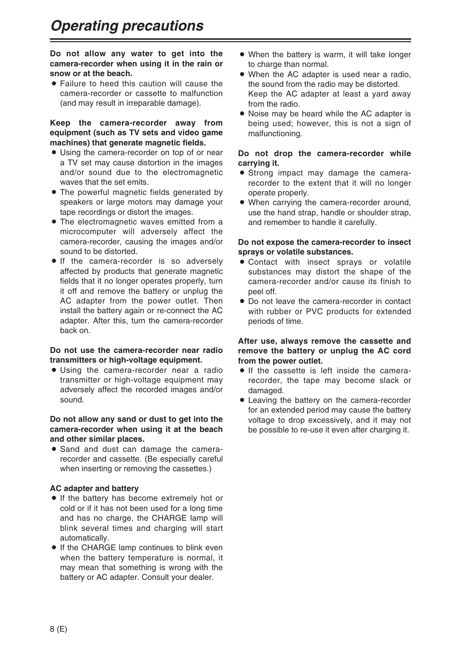 Operating precautions | Panasonic AG-DVC30 User Manual | Page 8 / 88