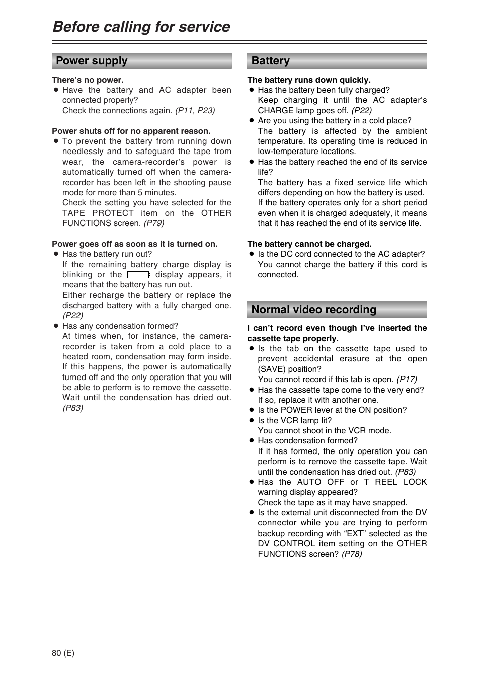 Before calling for service, Power supply, Battery | Normal video recording | Panasonic AG-DVC30 User Manual | Page 80 / 88
