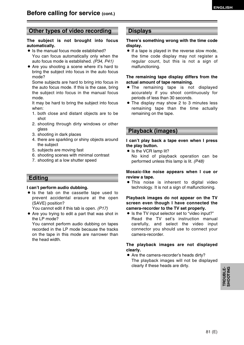 Before calling for service, Other types of video recording, Editing | Displays, Playback (images) | Panasonic AG-DVC30 User Manual | Page 81 / 88