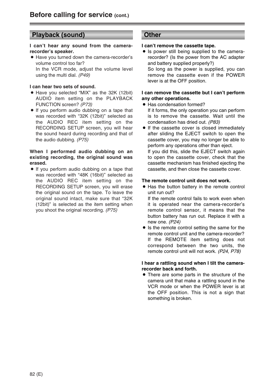 Before calling for service, Playback (sound), Other | Panasonic AG-DVC30 User Manual | Page 82 / 88