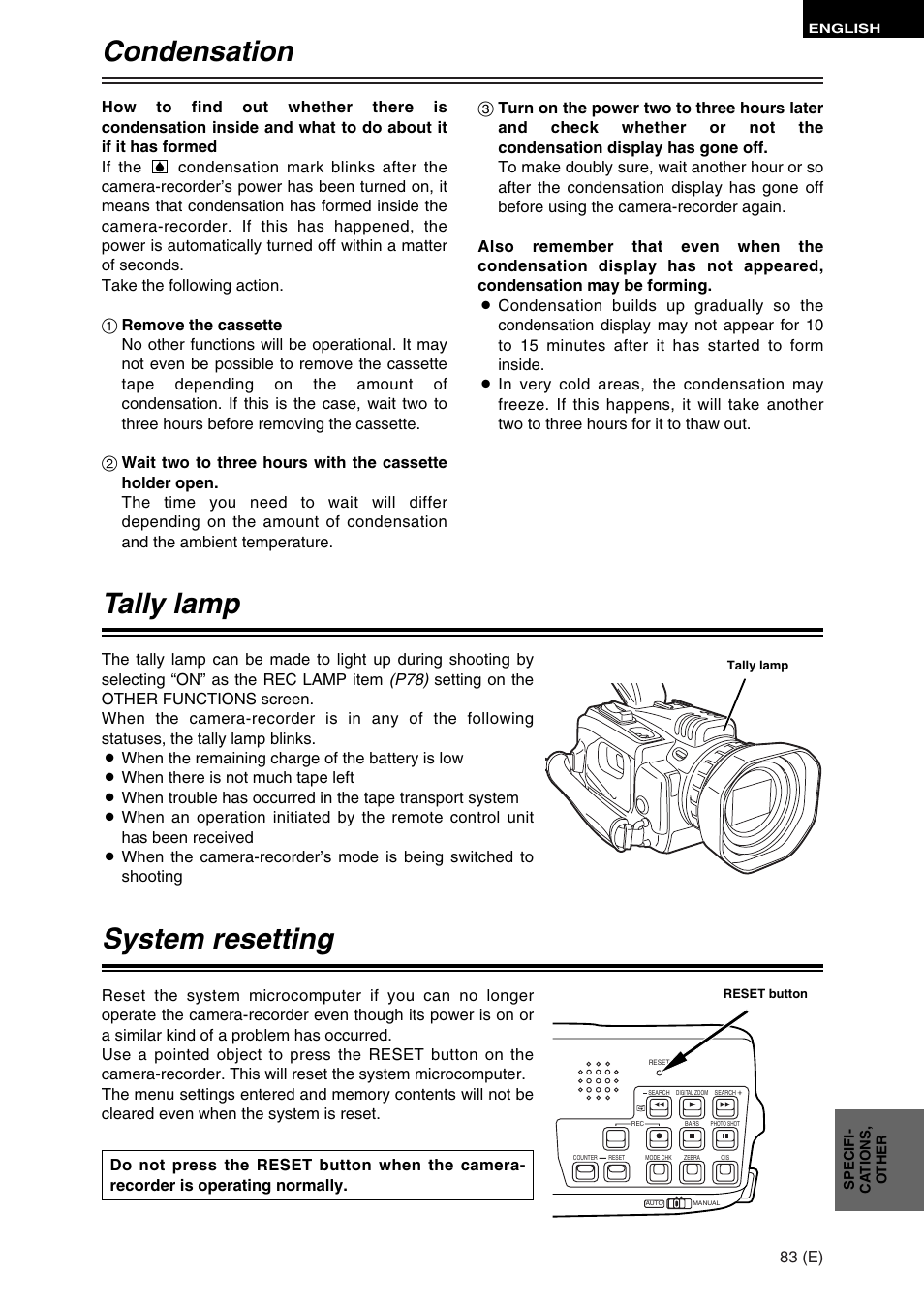 Tally lamp, Condensation, System resetting | Panasonic AG-DVC30 User Manual | Page 83 / 88