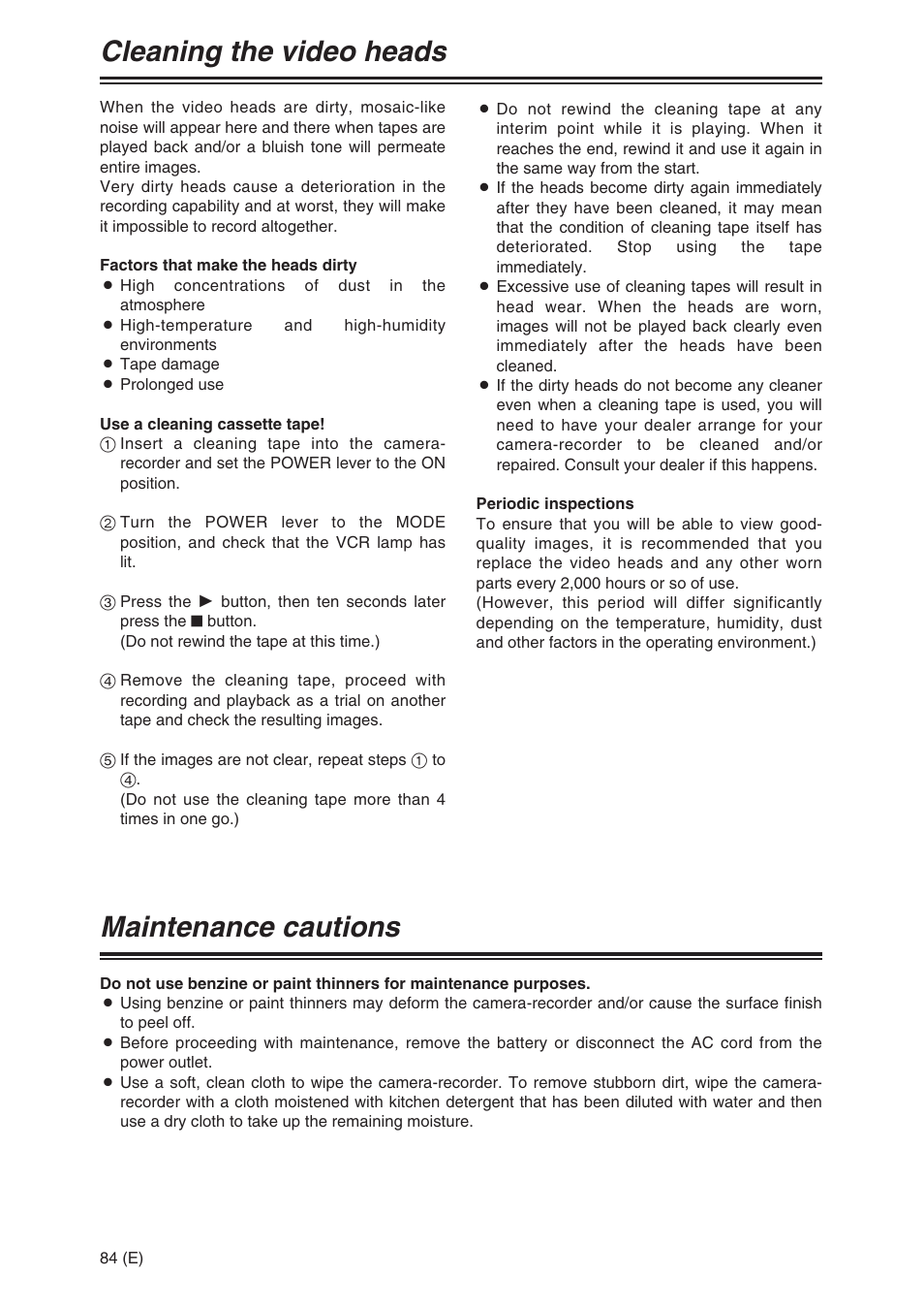 Maintenance cautions, Cleaning the video heads | Panasonic AG-DVC30 User Manual | Page 84 / 88